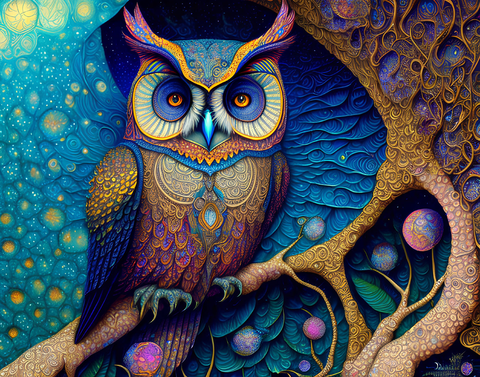 Colorful Owl Illustration on Branch with Psychedelic Background