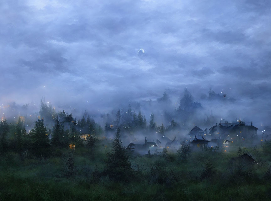 Village nestled among forested hills under dusky sky