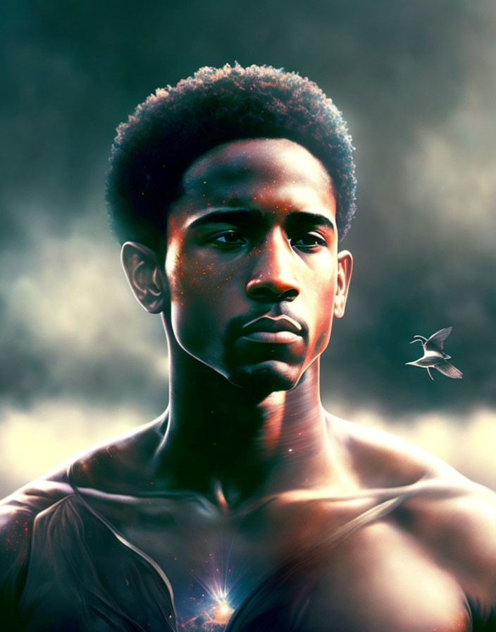 Pensive man with afro and hummingbird in digital portrait