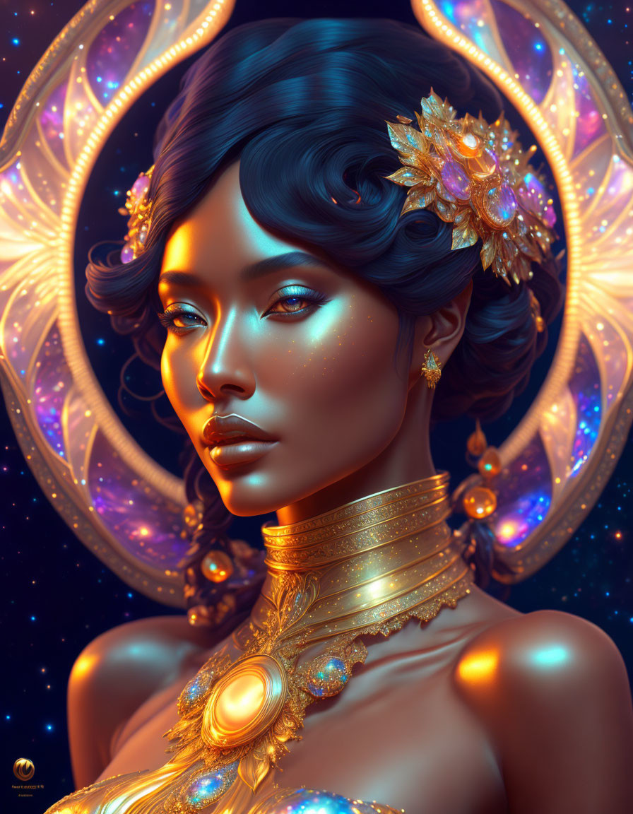 Digital Artwork: Woman with Glowing Blue Skin and Golden Jewelry