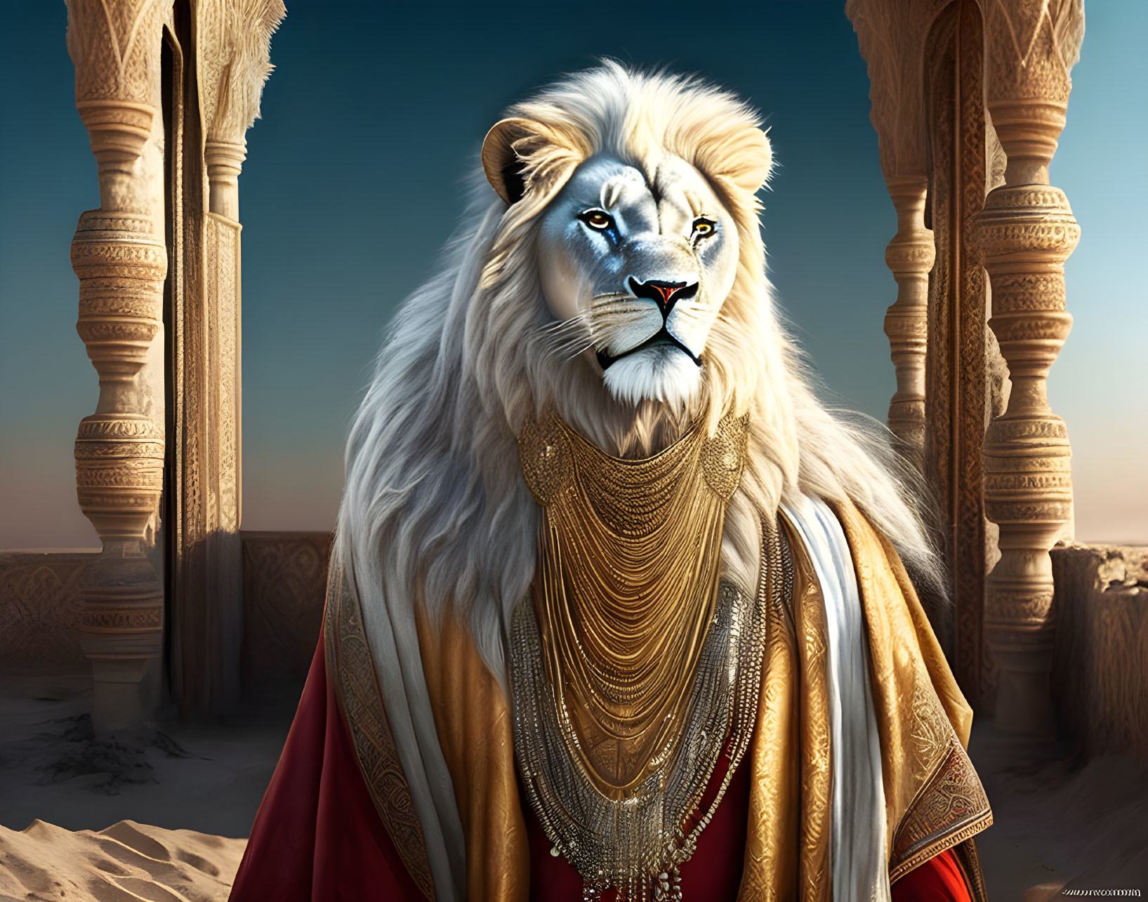 Anthropomorphic lion in royal attire with blue eyes in desert palace setting