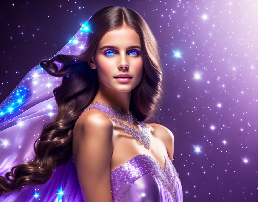 Woman with Glowing Blue Eyes in Sparkling Purple Dress amid Cosmic Stars