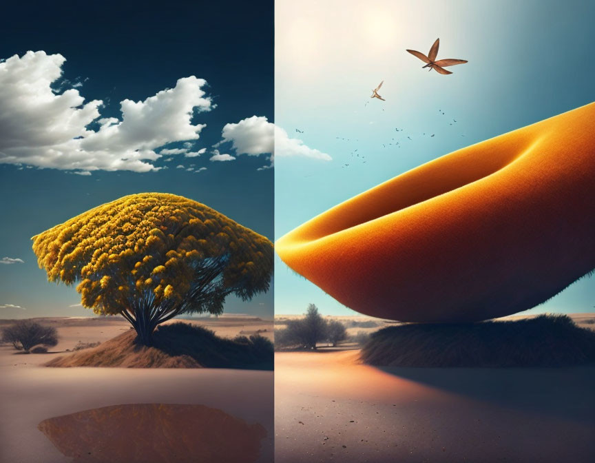 Vibrant surreal landscape with yellow tree and floating orange slice