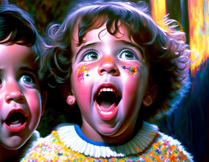 Two Excited Children with Star-Shaped Stickers on Cheeks