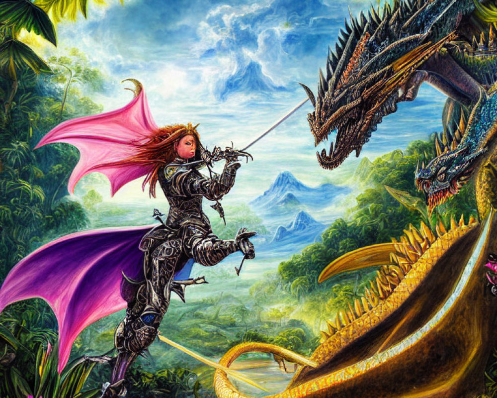 Armored warrior battles dragon in lush jungle setting