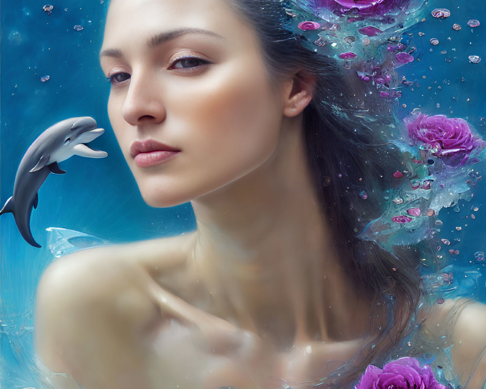 Woman Submerged in Water with Pink Roses and Dolphin in Dreamlike Scene