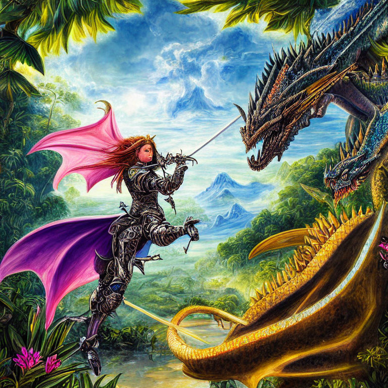 Armored warrior battles dragon in lush jungle setting