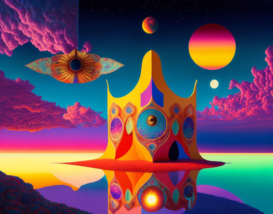 Colorful Psychedelic Landscape with Floating Eye and Alien Architecture