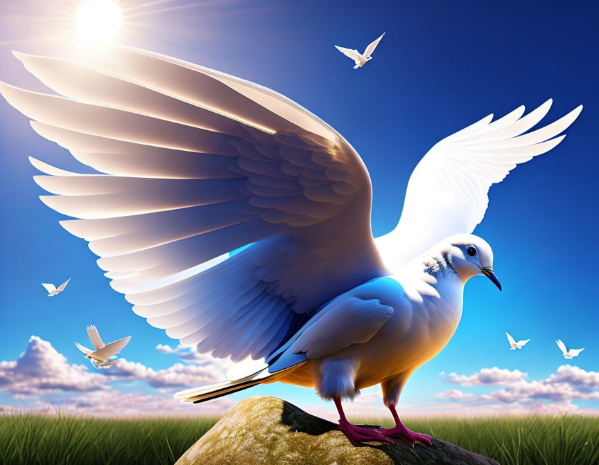 Detailed white dove with outstretched wings in sunny sky with flying birds