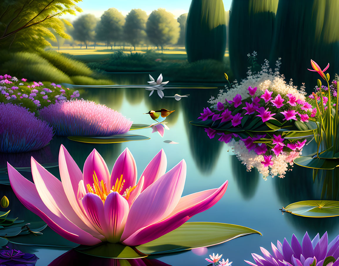 Serene pond with lotus flowers, lush flora, hummingbird, and reflections