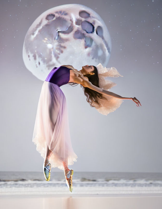 Ballet dancer on pointe under large moon in starry sky by the sea