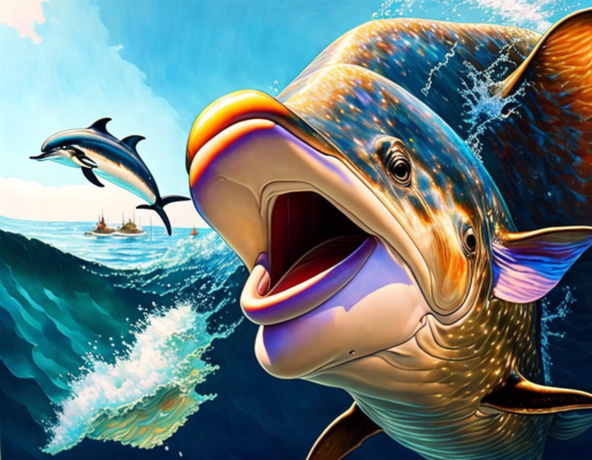 Colorful digital artwork: Fish jumping from ocean with dolphins and ships.