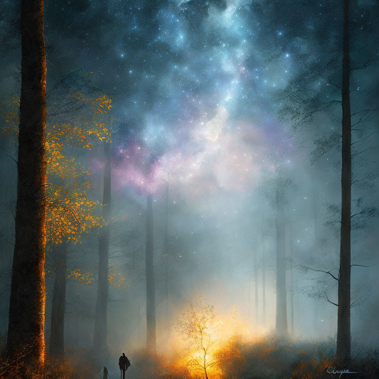 Person admiring starry sky in misty forest landscape