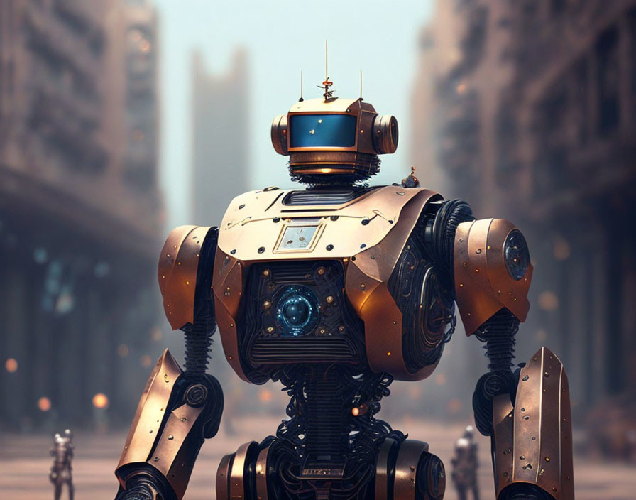 Futuristic robot with round head and glowing blue elements in deserted cityscape