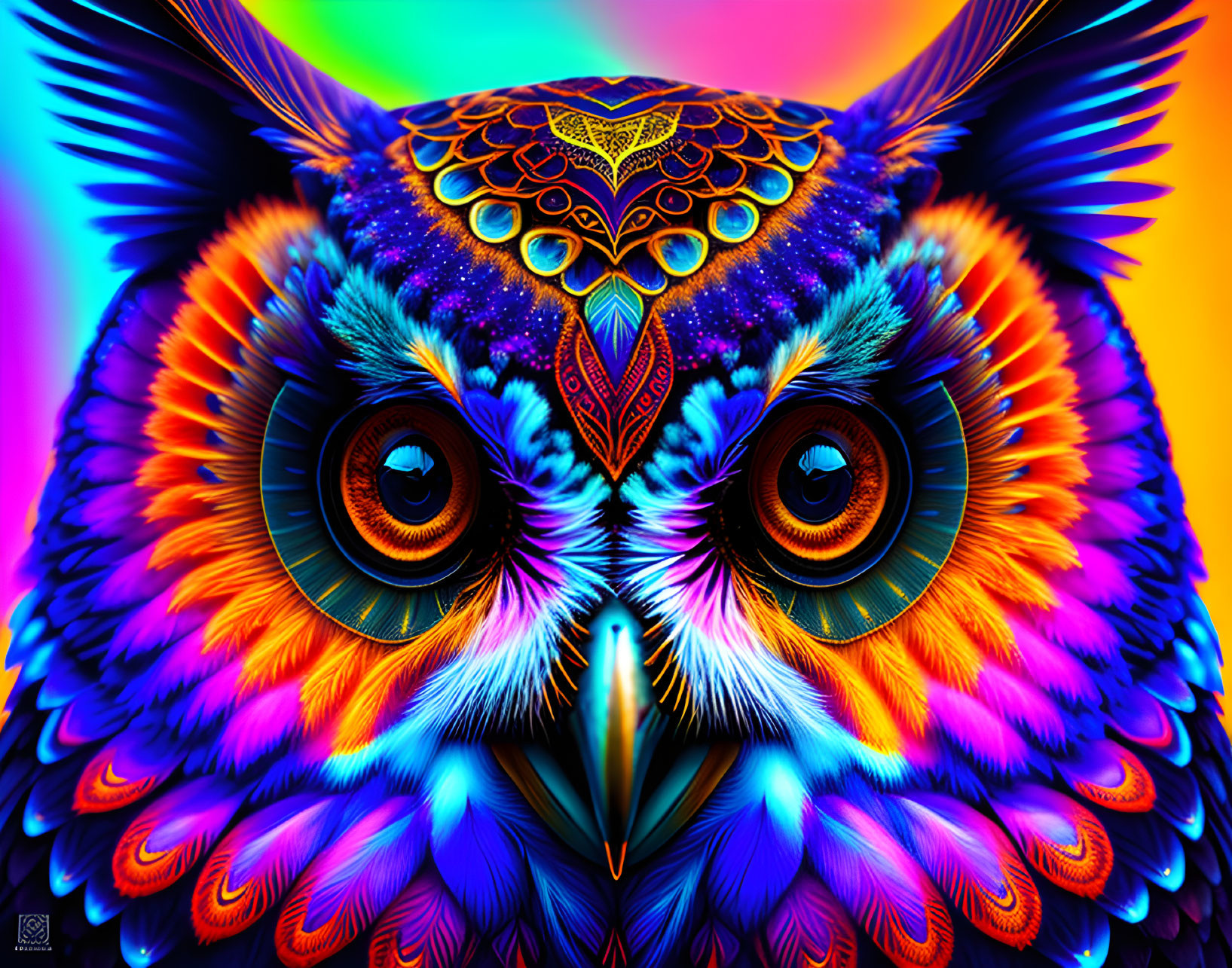 Colorful Digital Art: Owl with Neon Hues & Patterns on Rainbow Background