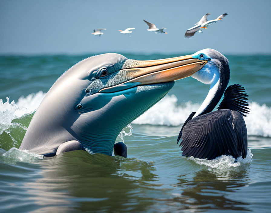 Pelicans with open beak on water, seabirds flying, ocean backdrop