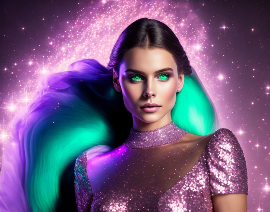 Digital Artwork: Woman with Emerald Green Eyes and Flowing Green Hair in Shimmering Purple Dress