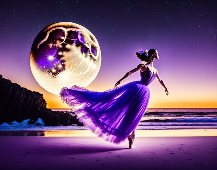 Graceful dancer in purple dress on beach at sunset with large moon.