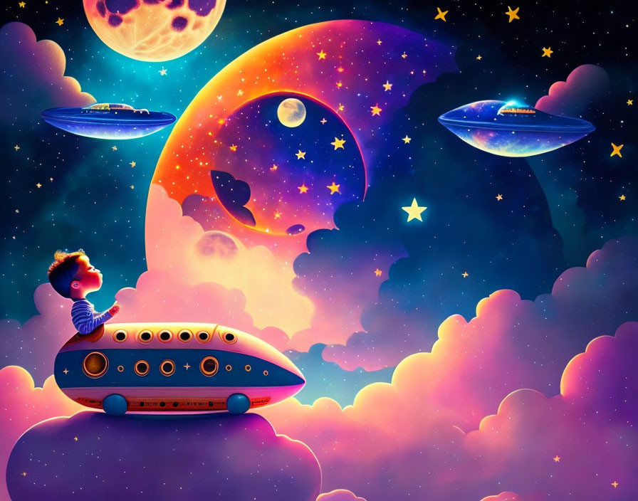 Child in spaceship gazes at cosmic scene with planets, stars, and flying saucers.