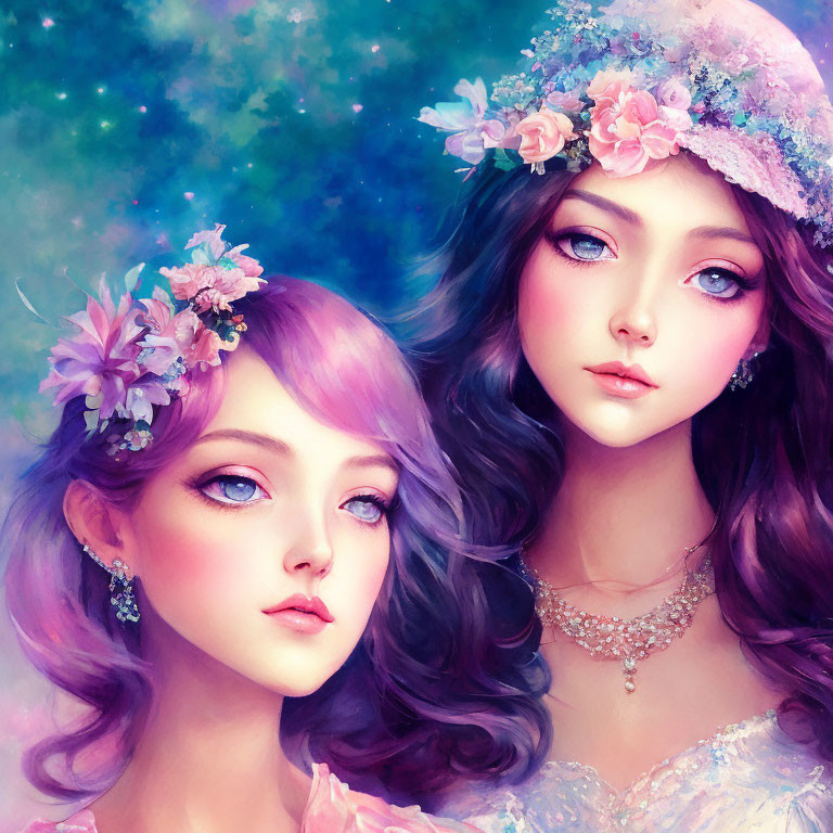 Animated female figures with purple hair and floral headpieces on a starry background