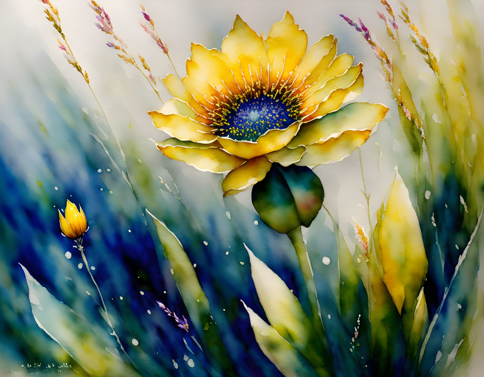 Colorful watercolor painting of yellow flower with blue center and greenery, purple hints, water dro