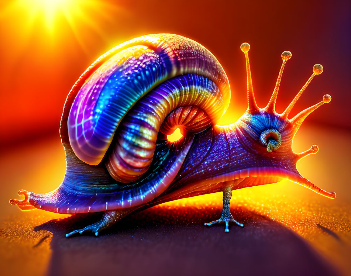 Vibrant blue and purple iridescent snail on red-orange background