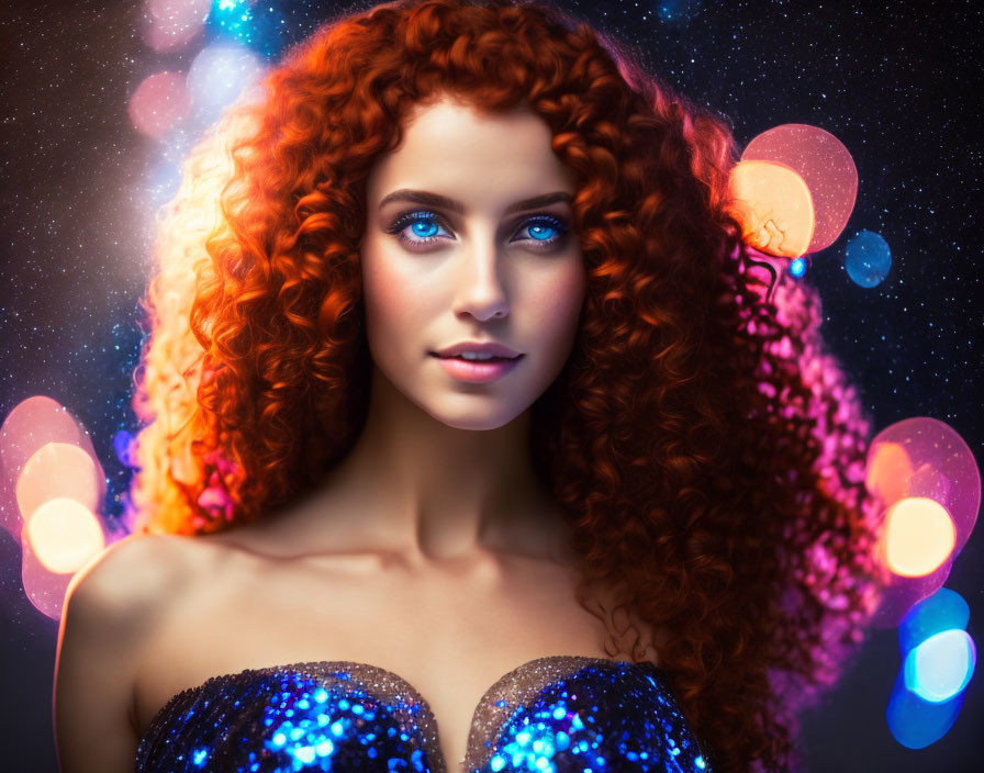 Curly Red-Haired Woman with Blue Eyes in Bokeh Lights