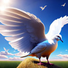 Detailed white dove with outstretched wings in sunny sky with flying birds