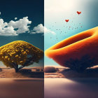 Vibrant surreal landscape with yellow tree and floating orange slice