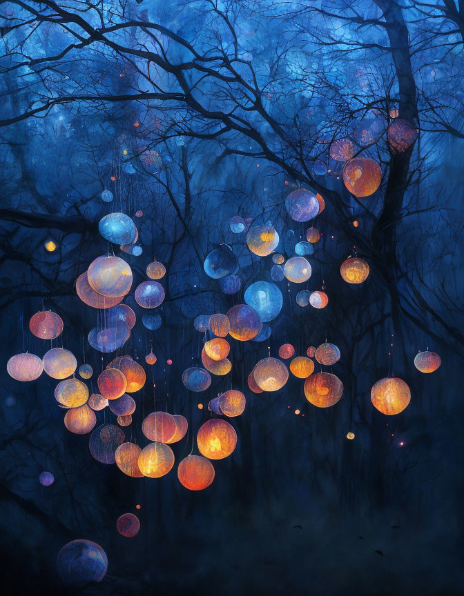 Twilight forest scene with glowing orbs and silhouetted trees