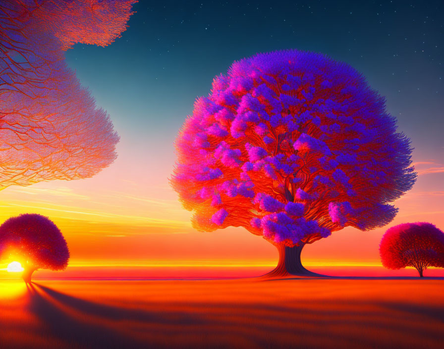 Colorful Landscape: Purple and Blue Tree, Orange Sky, Setting Sun