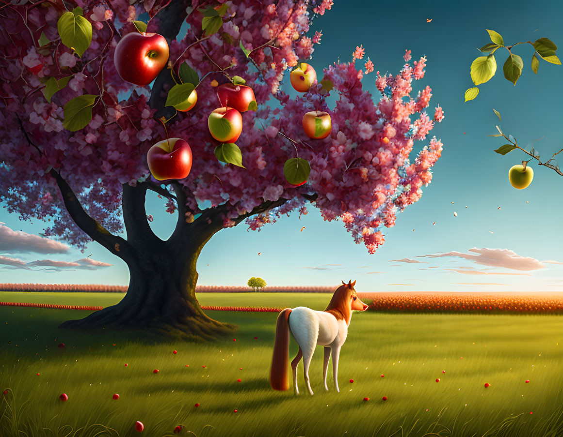 Horse in colorful field with apple trees and flowers