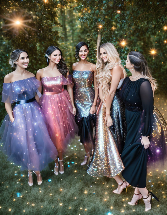 Five women in elegant evening dresses at outdoor event with twinkling lights