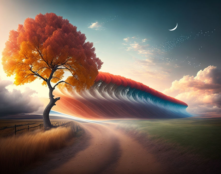 Colorful lone tree with wave-like leaves under crescent moon and starry sky