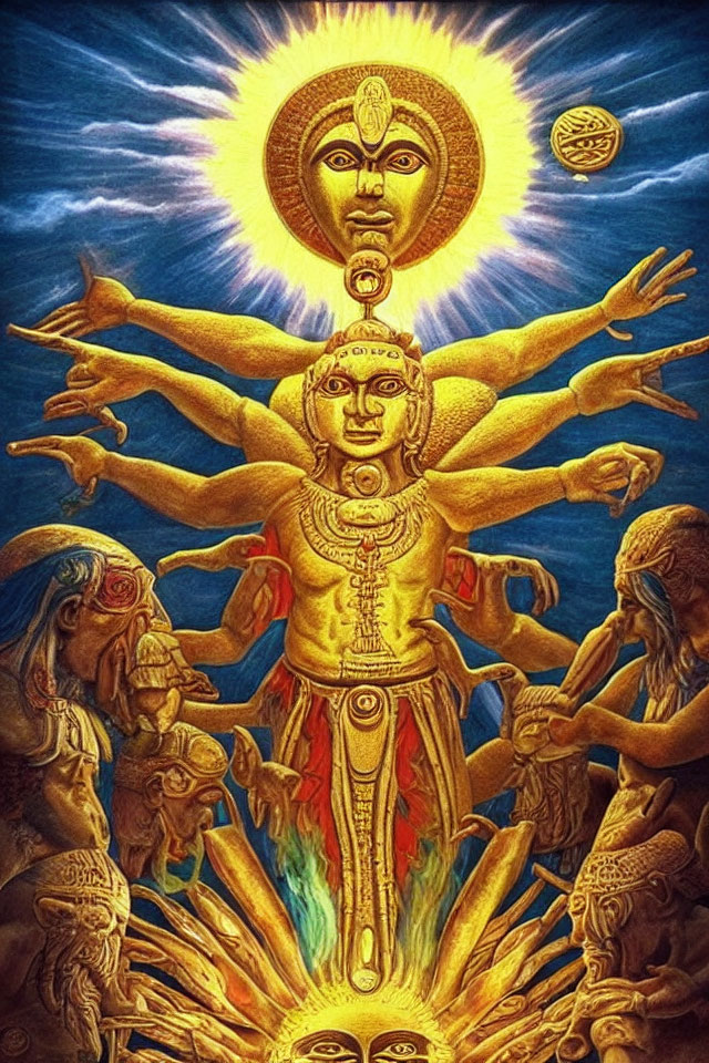 Golden multi-armed figure with halo in celestial setting surrounded by awed individuals