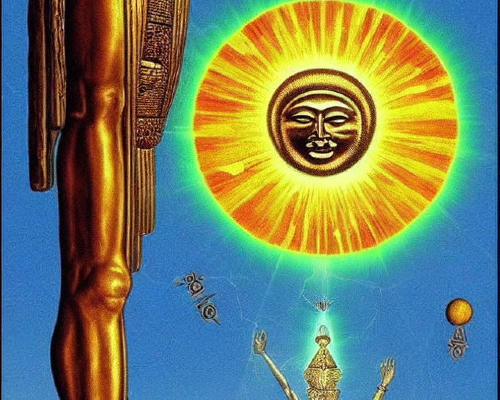 Surreal artwork: giant golden figure, small floating person, anthropomorphic sun, planets