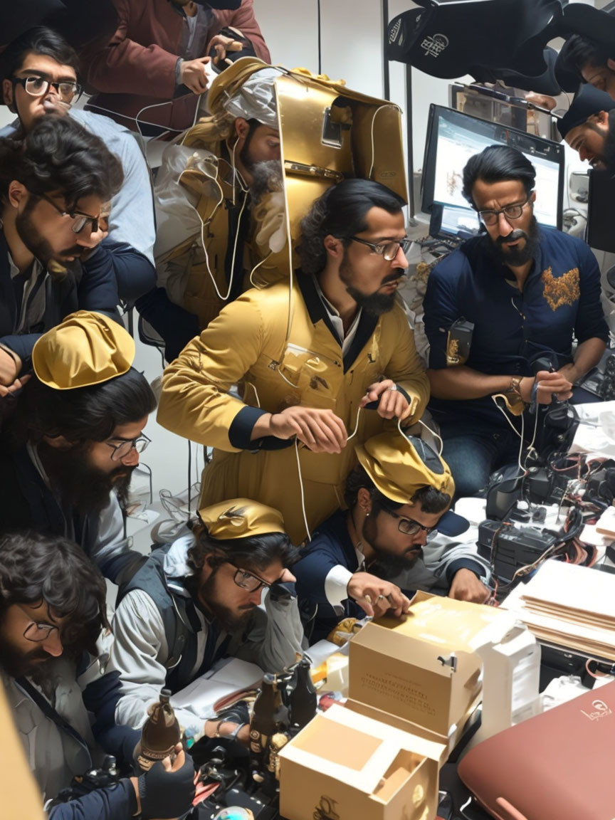 Group of people in cluttered office with wired headgear and electronics.