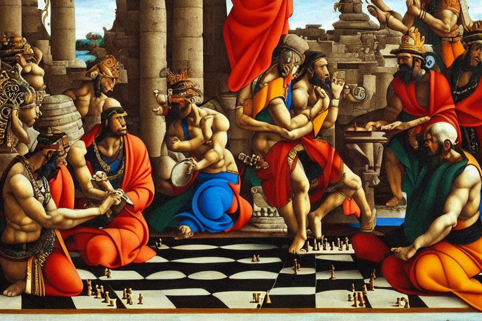 Classical chess game scene with muscular figures and ancient architecture