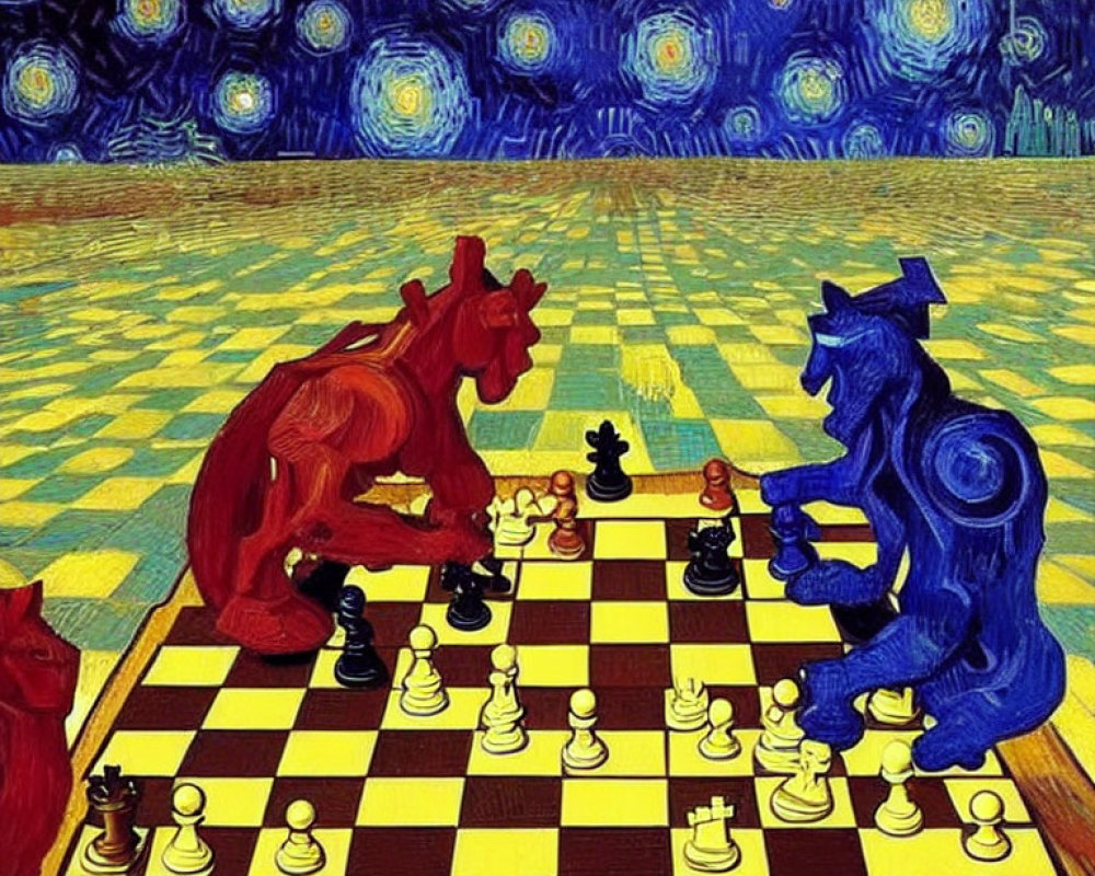 Chessboard on Yellow and Blue Checkered Floor with Red and Blue Horse Chess Pieces in Van Gogh