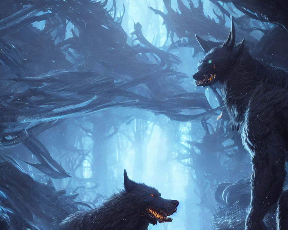 Menacing wolves in dark forest under blue light