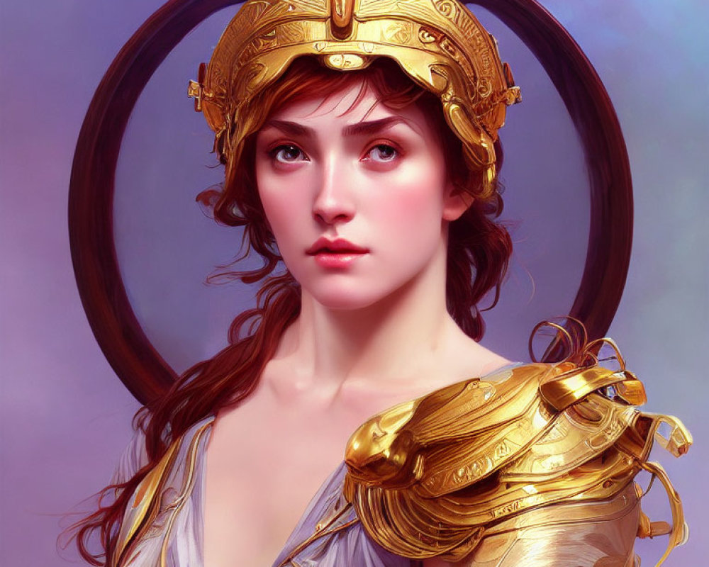 Illustration: Woman in Golden Armor with Grecian Helmet on Purple Background