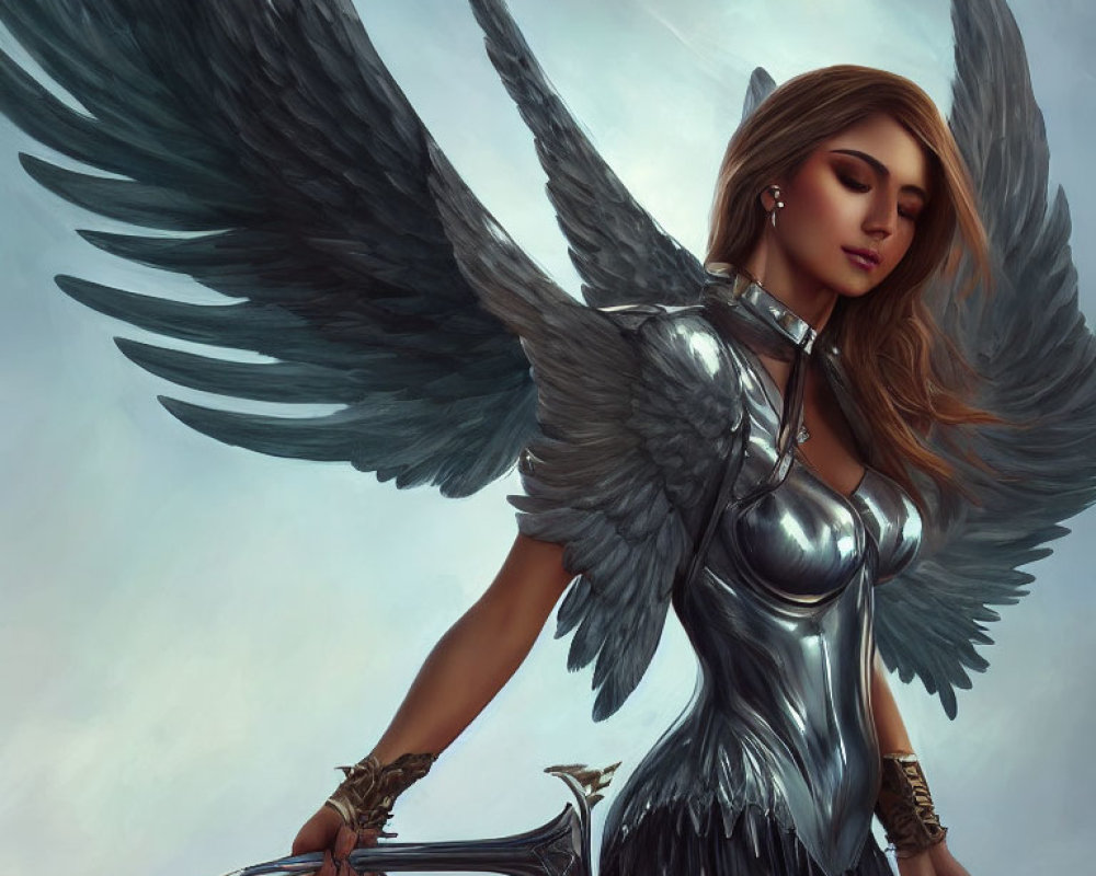 Detailed illustration of female angel in silver armor with sword