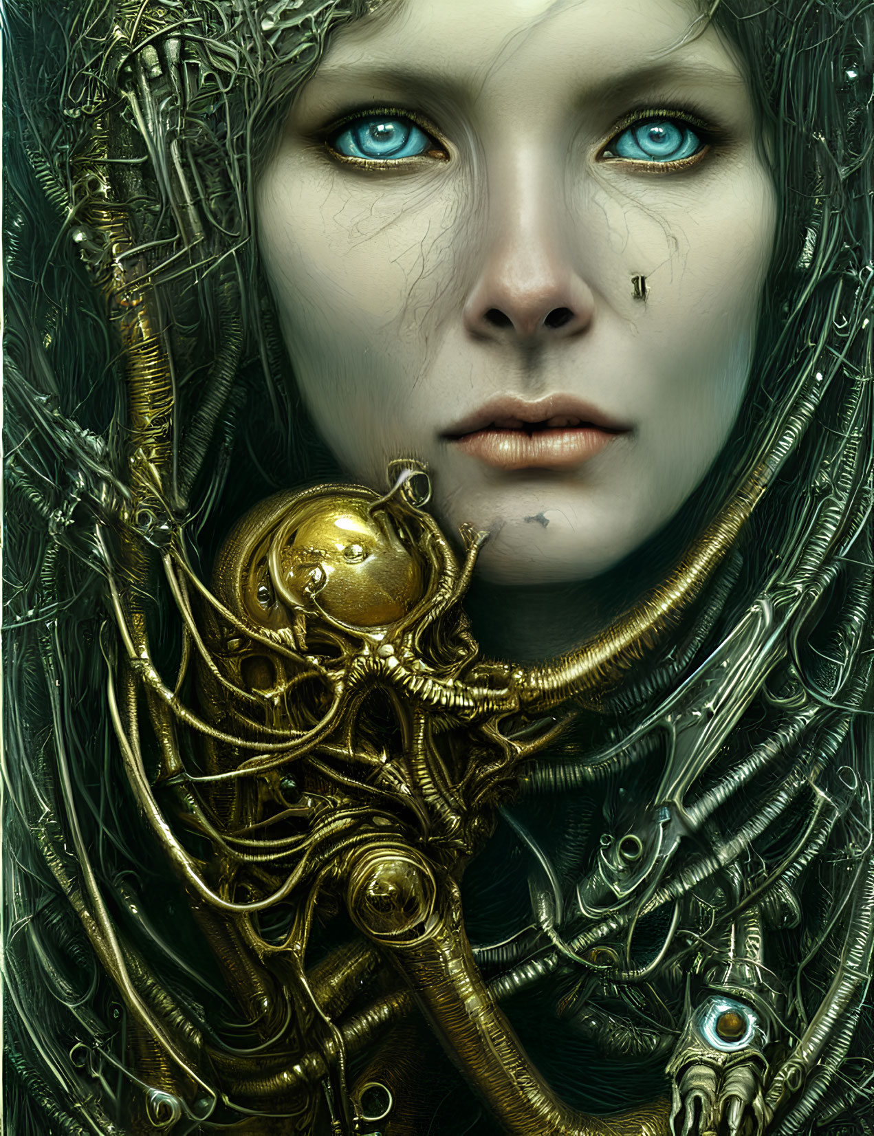 Portrait of a person with piercing blue eyes, gold mechanical details, and green wispy tendrils.