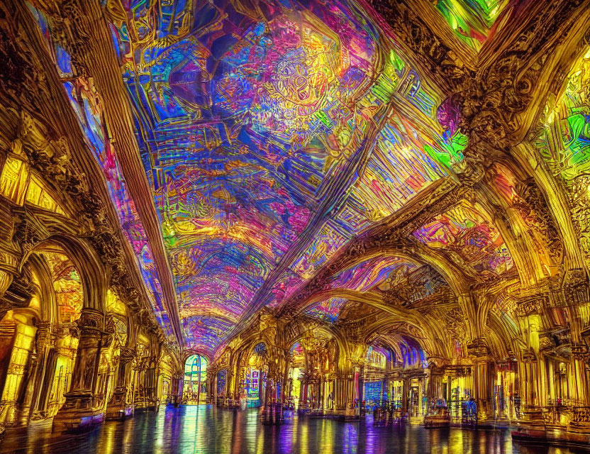 Colorful stained glass ceiling and ornate golden walls in historic hall with glossy floor