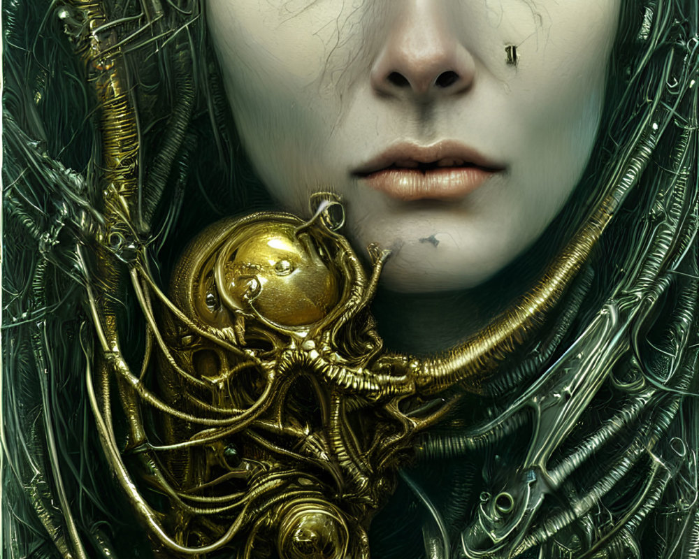 Portrait of a person with piercing blue eyes, gold mechanical details, and green wispy tendrils.