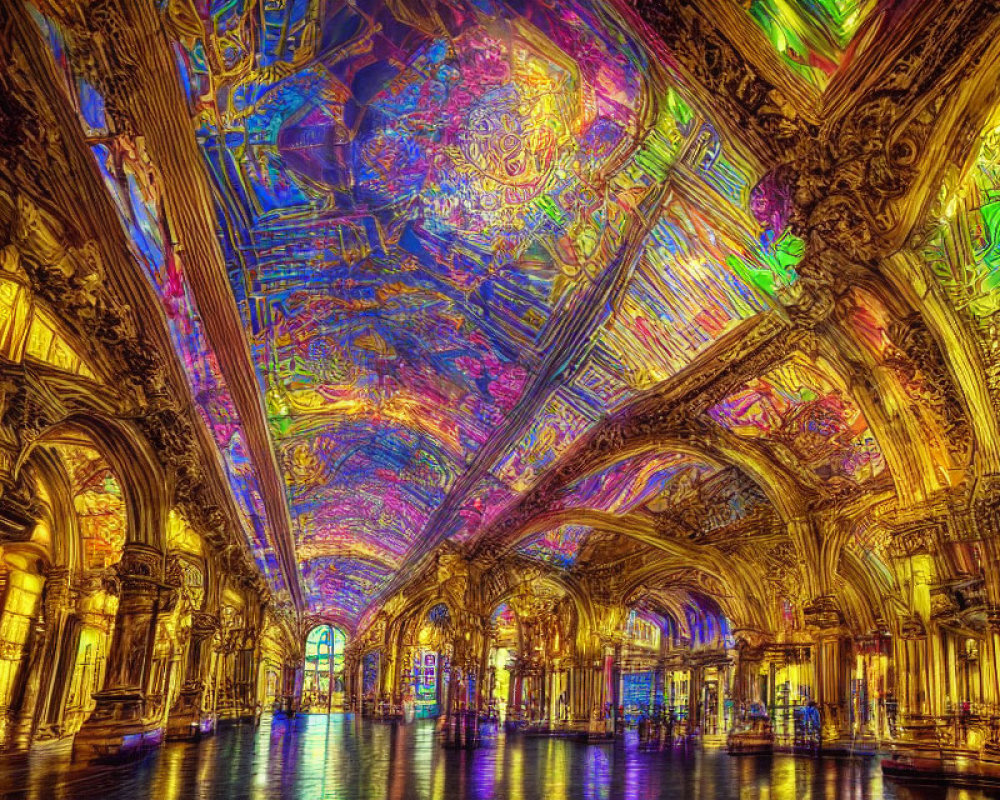 Colorful stained glass ceiling and ornate golden walls in historic hall with glossy floor