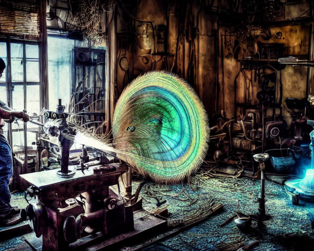 Man operating lathe in cluttered workshop, creating swirling sparks around metal.