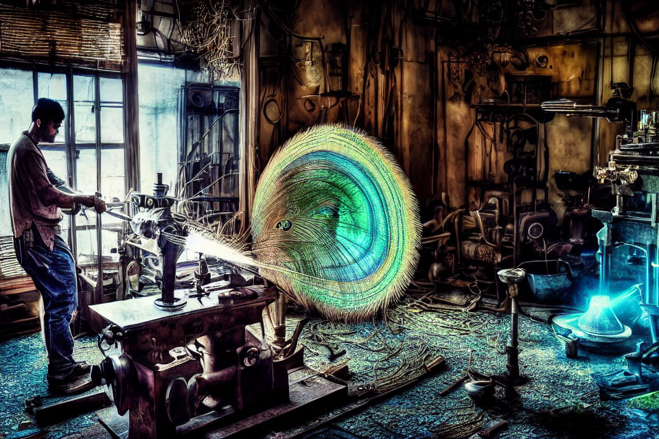 Man operating lathe in cluttered workshop, creating swirling sparks around metal.