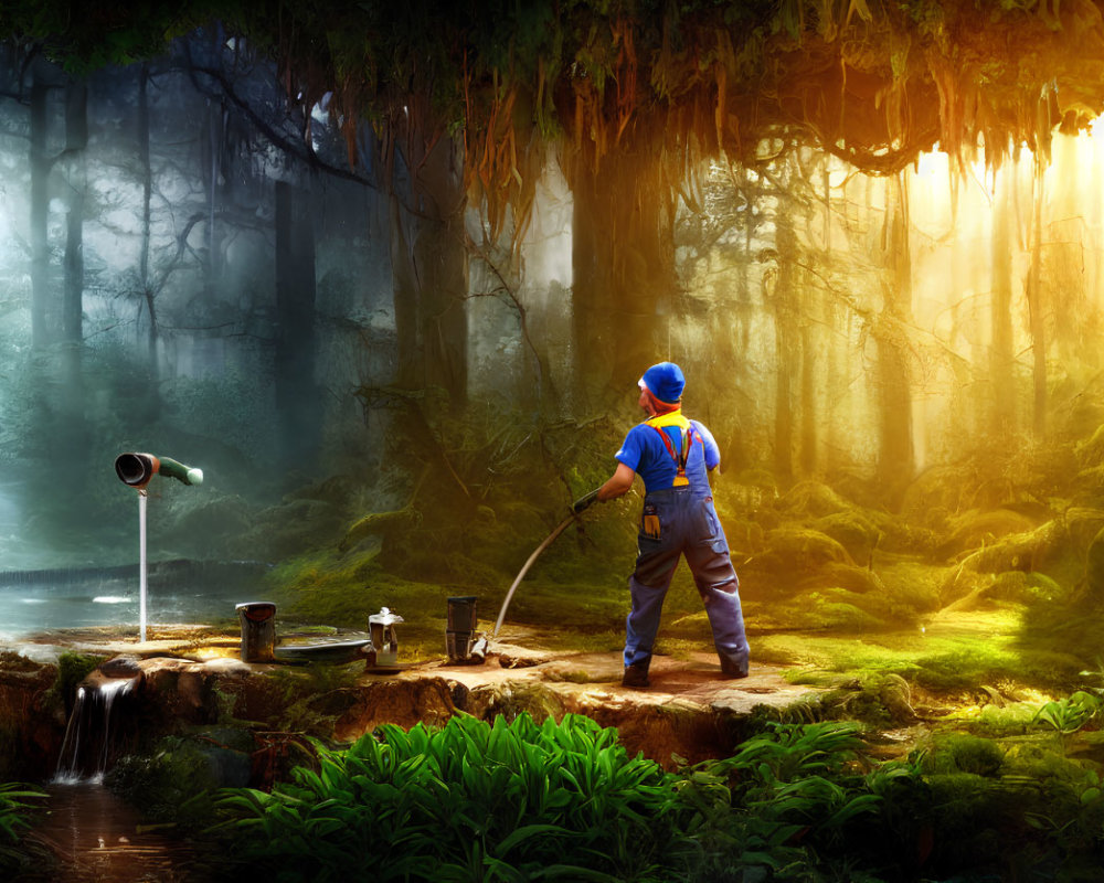 Person in overalls vacuums forest floor with surreal sunlit scenery
