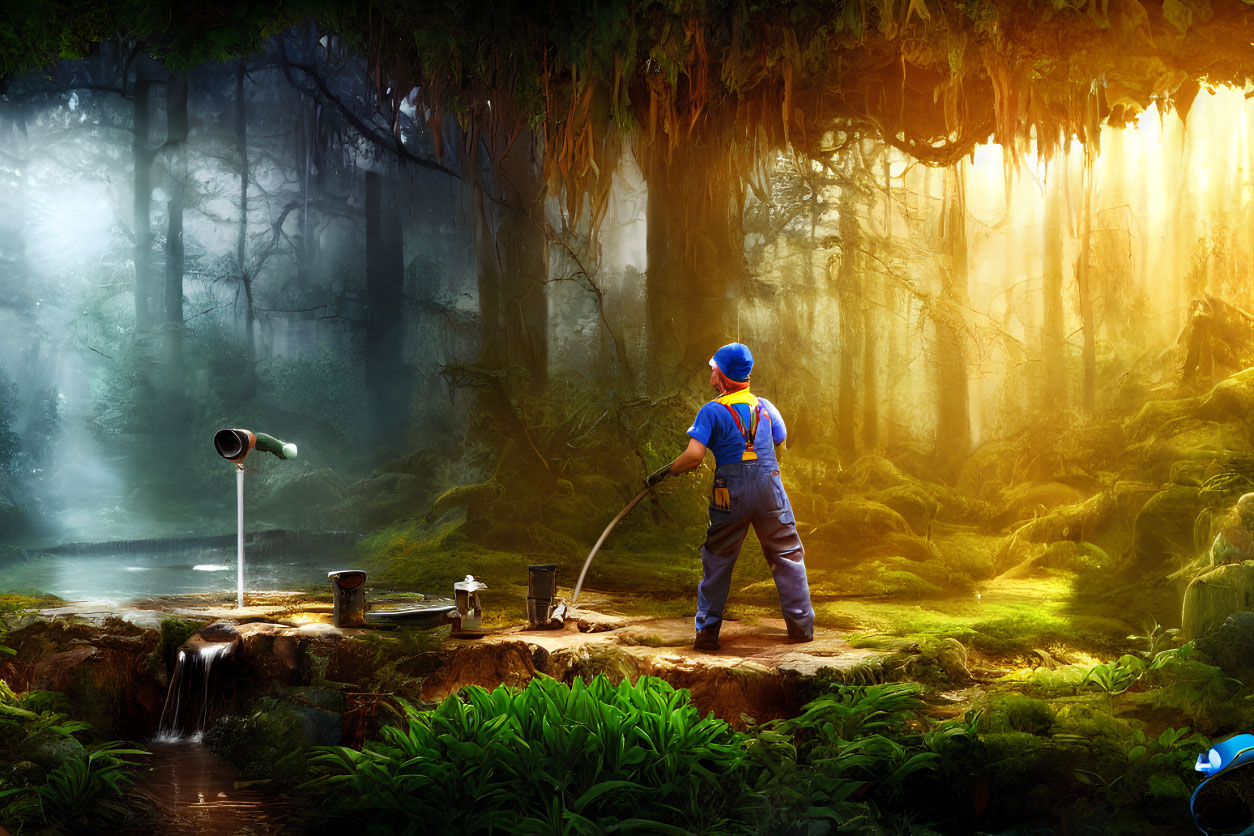 Person in overalls vacuums forest floor with surreal sunlit scenery